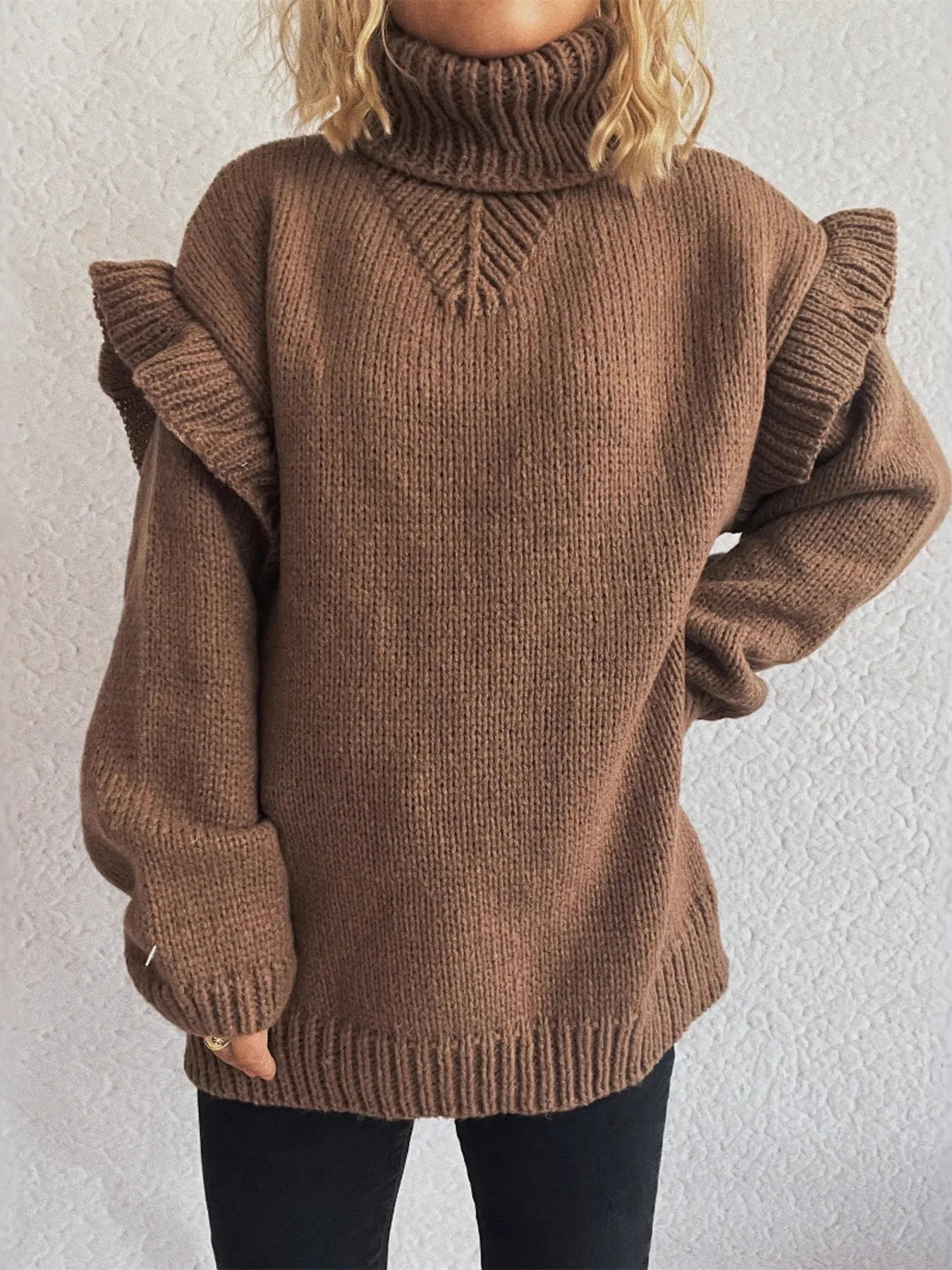 Women Ruffled Turtleneck Long Sleeve Sweater