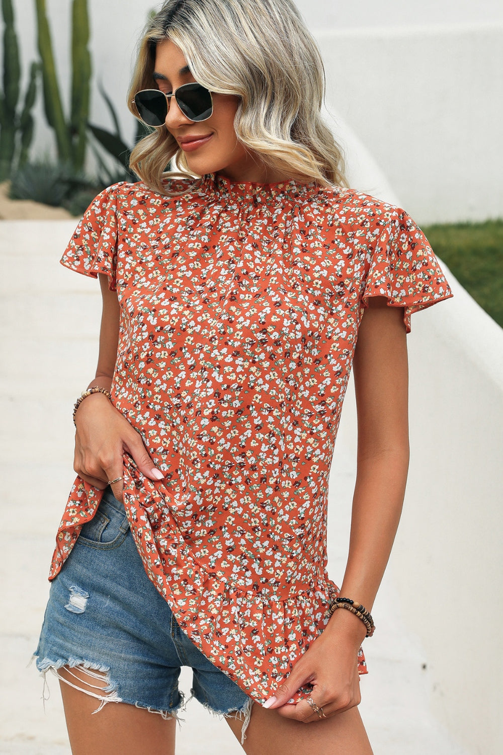 Ditsy Floral Mock Neck Short Sleeve T-Shirt nicholesgifts