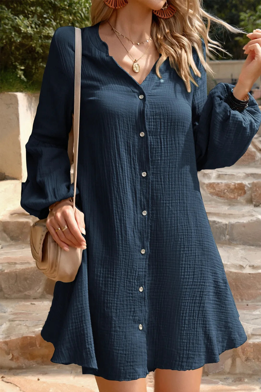 Devine Notched Balloon Sleeve Mini Dress Trendsi