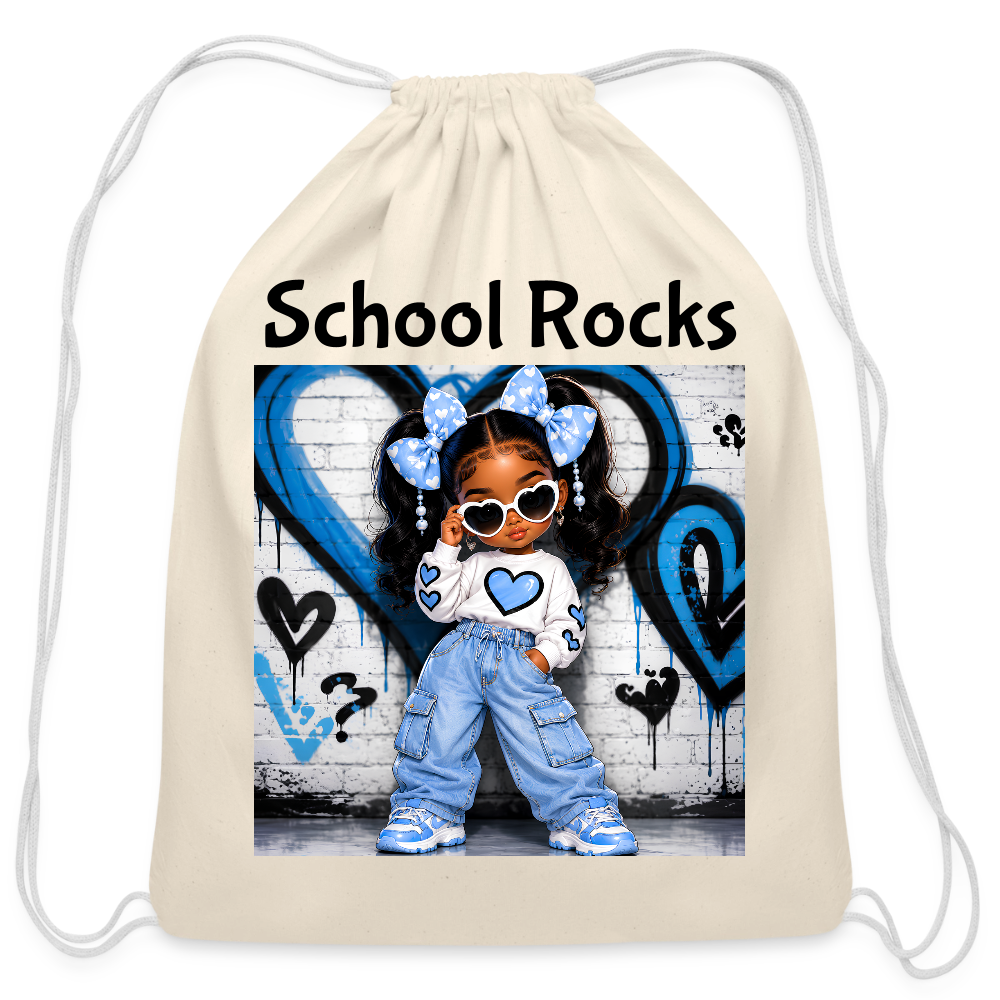 African American Toddler Girls School Rocks White Cotton Drawstring Bag For Back To School - natural