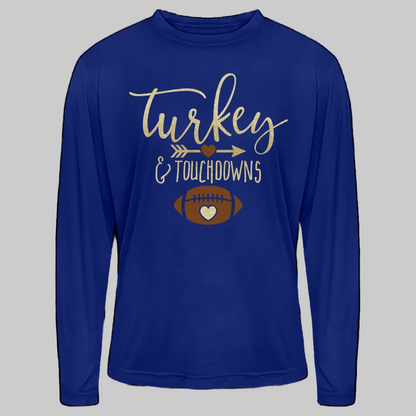 Men's Turkey and Touchdowns Long-Sleeve Thanksgiving T-Shirt - royal blue