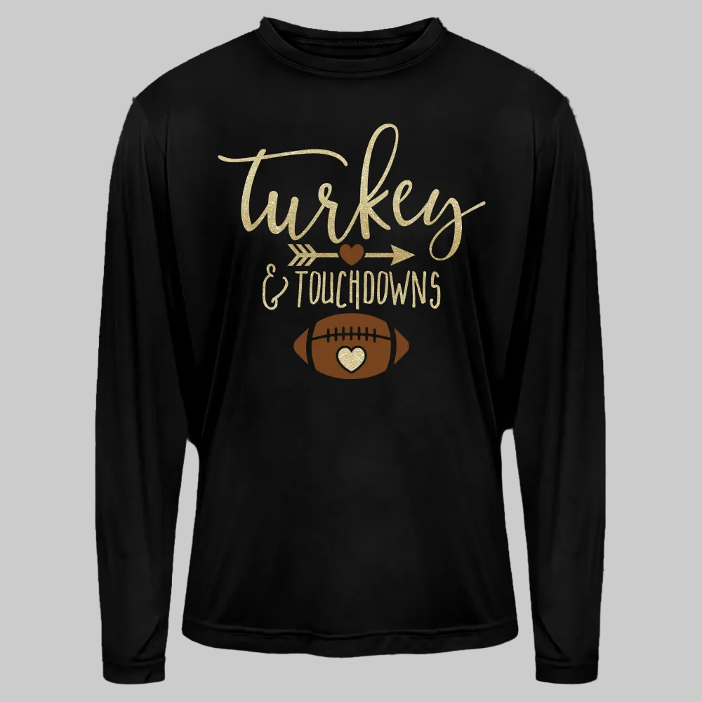 Men's Turkey and Touchdowns Long-Sleeve Thanksgiving T-Shirt - black