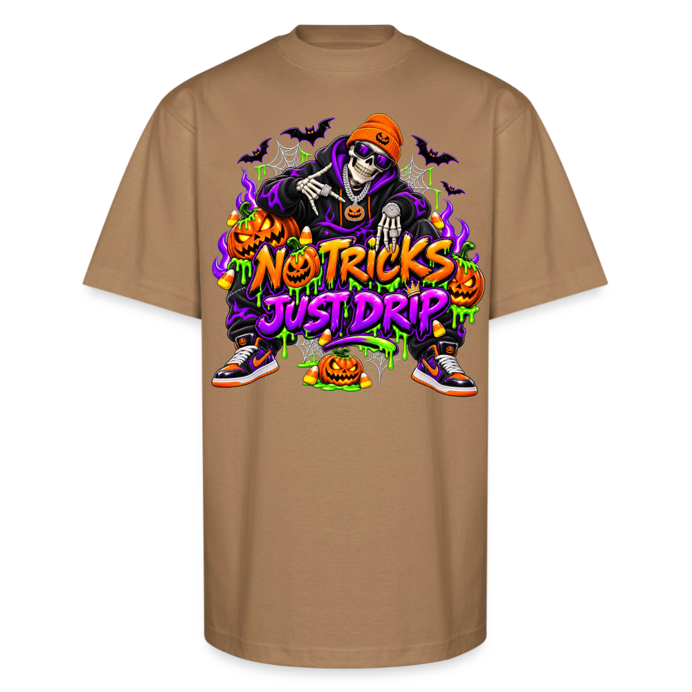 Men No Tricks Just Drip Oversized Halloween Short Sleeve T-Shirt - khaki