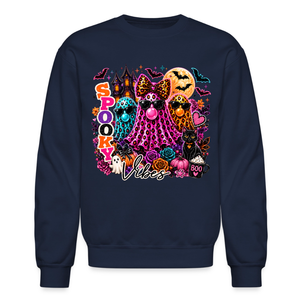 Women's Spooky Vibes Halloween Ghost Crewneck Sweatshirt - navy