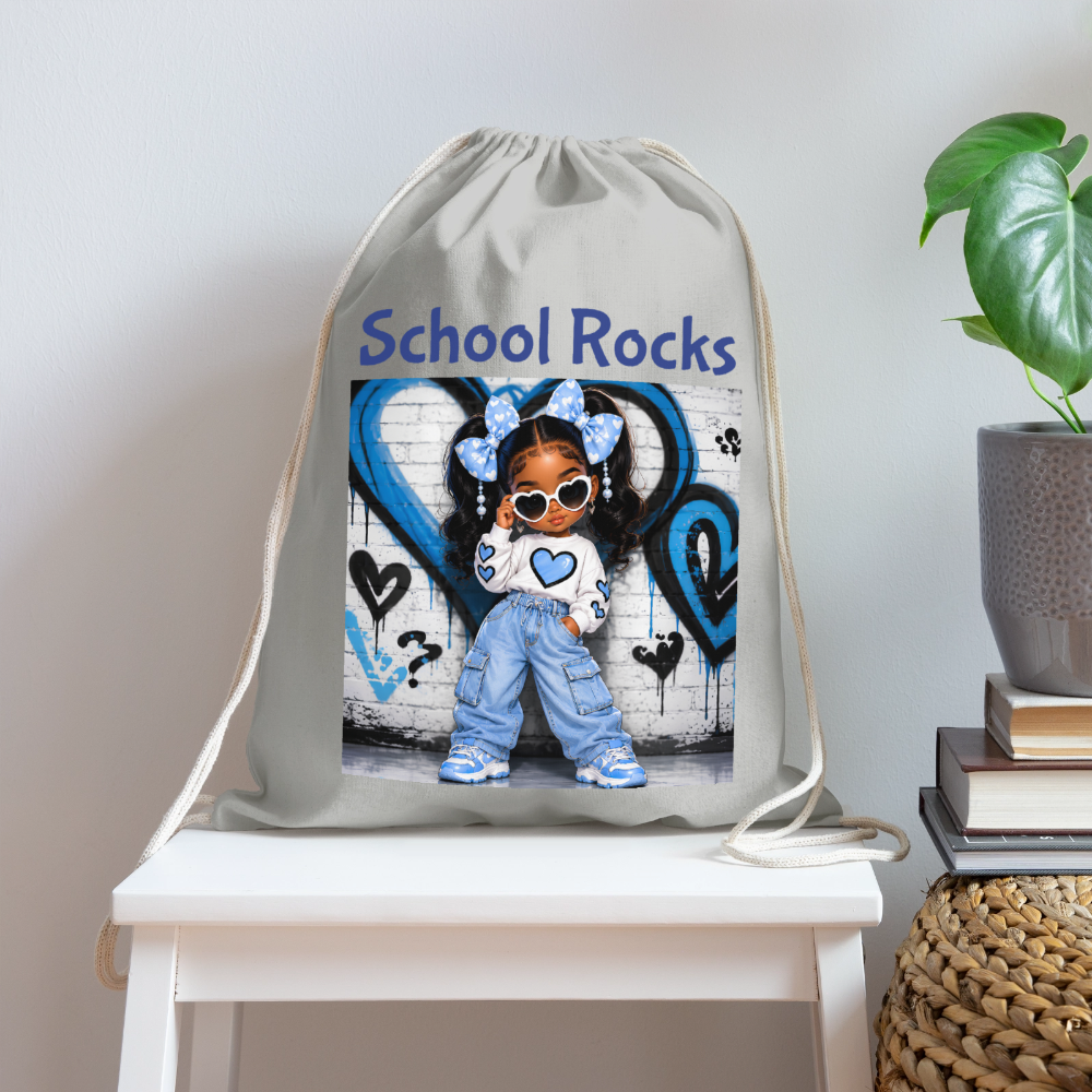 African American Toddler Girls School Rocks Gray Cotton Drawstring Bag For Back To School - Light Grey