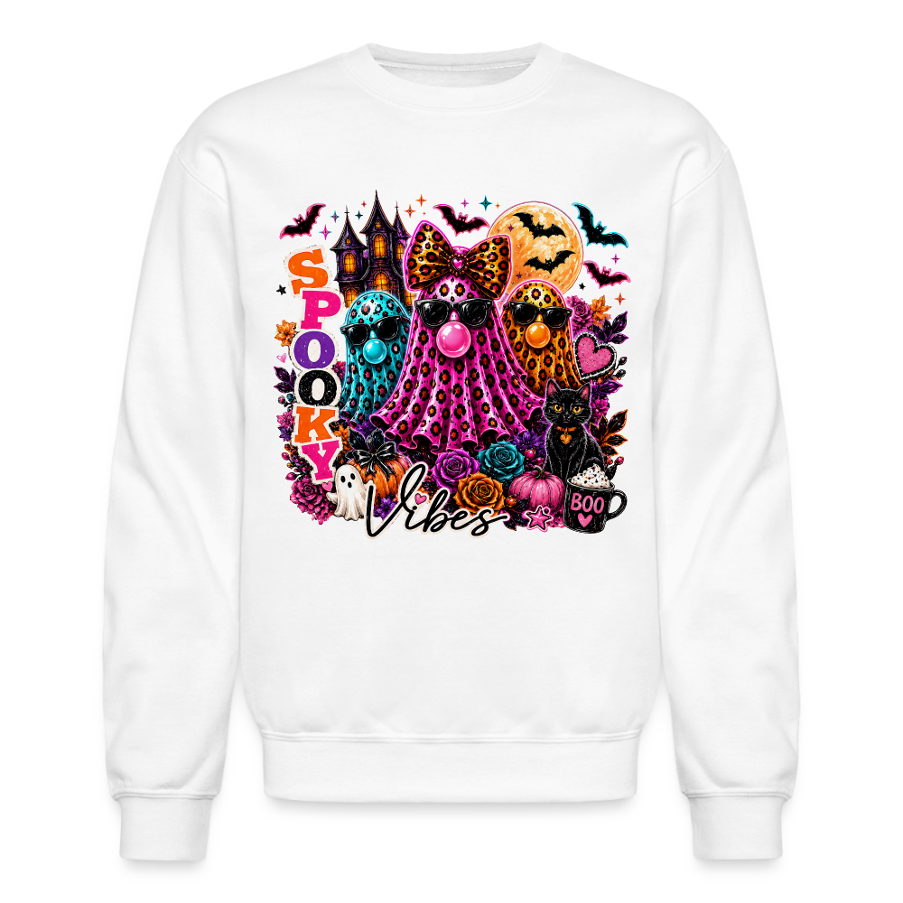 Women's Spooky Vibes Halloween Ghost Crewneck Sweatshirt - white