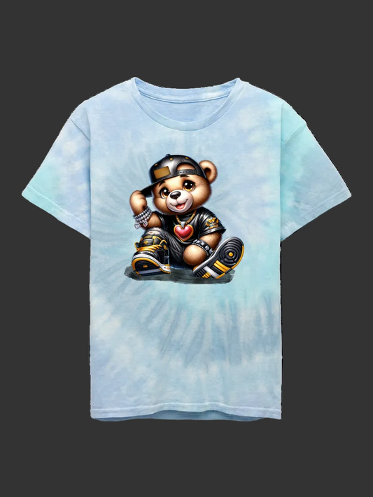 Boys Teddy Bear and Black Hat Tie Dye Short Sleeve T-Shirt nicholesgifts