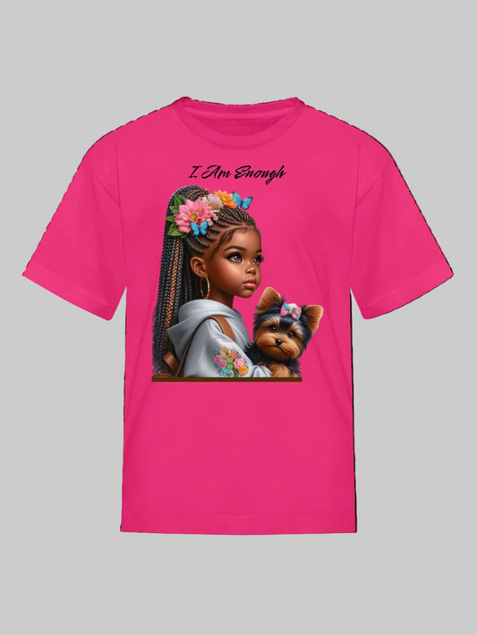 African American Girls I Am Enough with a Puppy Short Sleeve T-Shirt nicholesgifts
