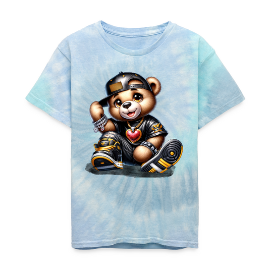 Boys Teddy Bear and Black Hat Blue Tie Dye Short Sleeve T-Shirt NicholesGifts