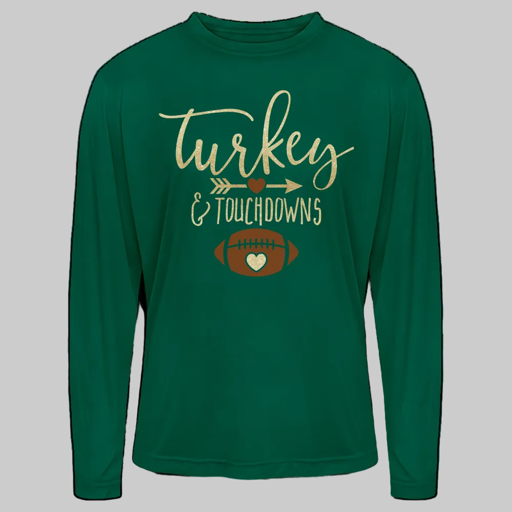 Men's Turkey and Touchdowns Long-Sleeve Thanksgiving T-Shirt - forest green