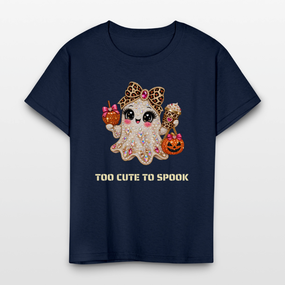 Girls Halloween Ghost Too Cute To Spook Short Sleeve T-Shirt - navy