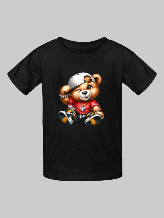 Boys Teddy Bear White Hat Short Sleeve T-Shirt nicholesgifts