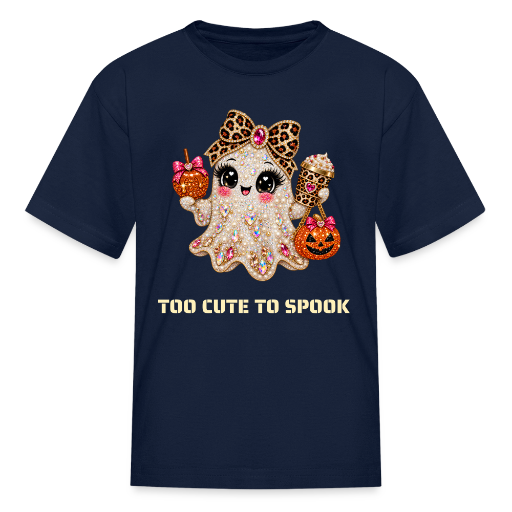 Girls Halloween Ghost Too Cute To Spook Short Sleeve T-Shirt - navy