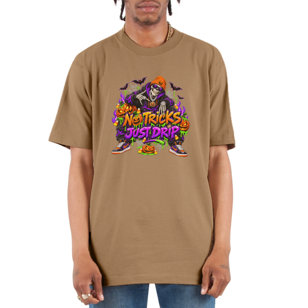 Men No Tricks Just Drip Oversized Halloween Short Sleeve T-Shirt - khaki