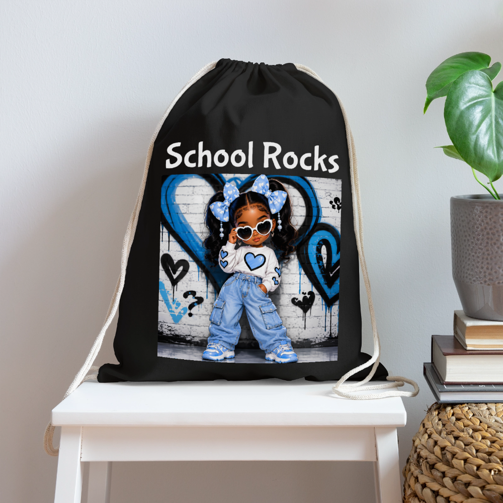 African American Toddler Girls School Rocks Black Cotton Drawstring Bag For Back To School - black