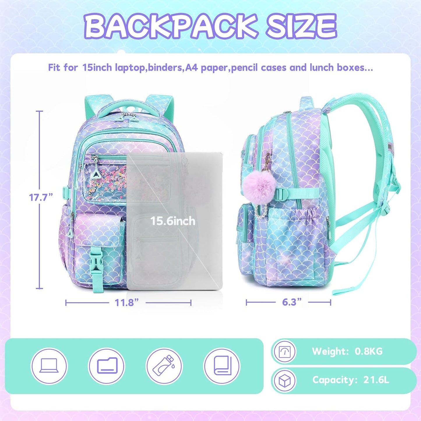 Girls Backpack,School Bag for Kids,Primary,Elementary,Teen Ages 6-15 Girls Bookbag,Students Kawaii Backpack Blue Mermaid