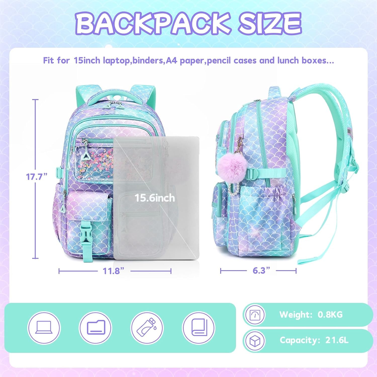 Girls Backpack,School Bag for Kids,Primary,Elementary,Teen Ages 6-15 Girls Bookbag,Students Kawaii Backpack Blue Mermaid