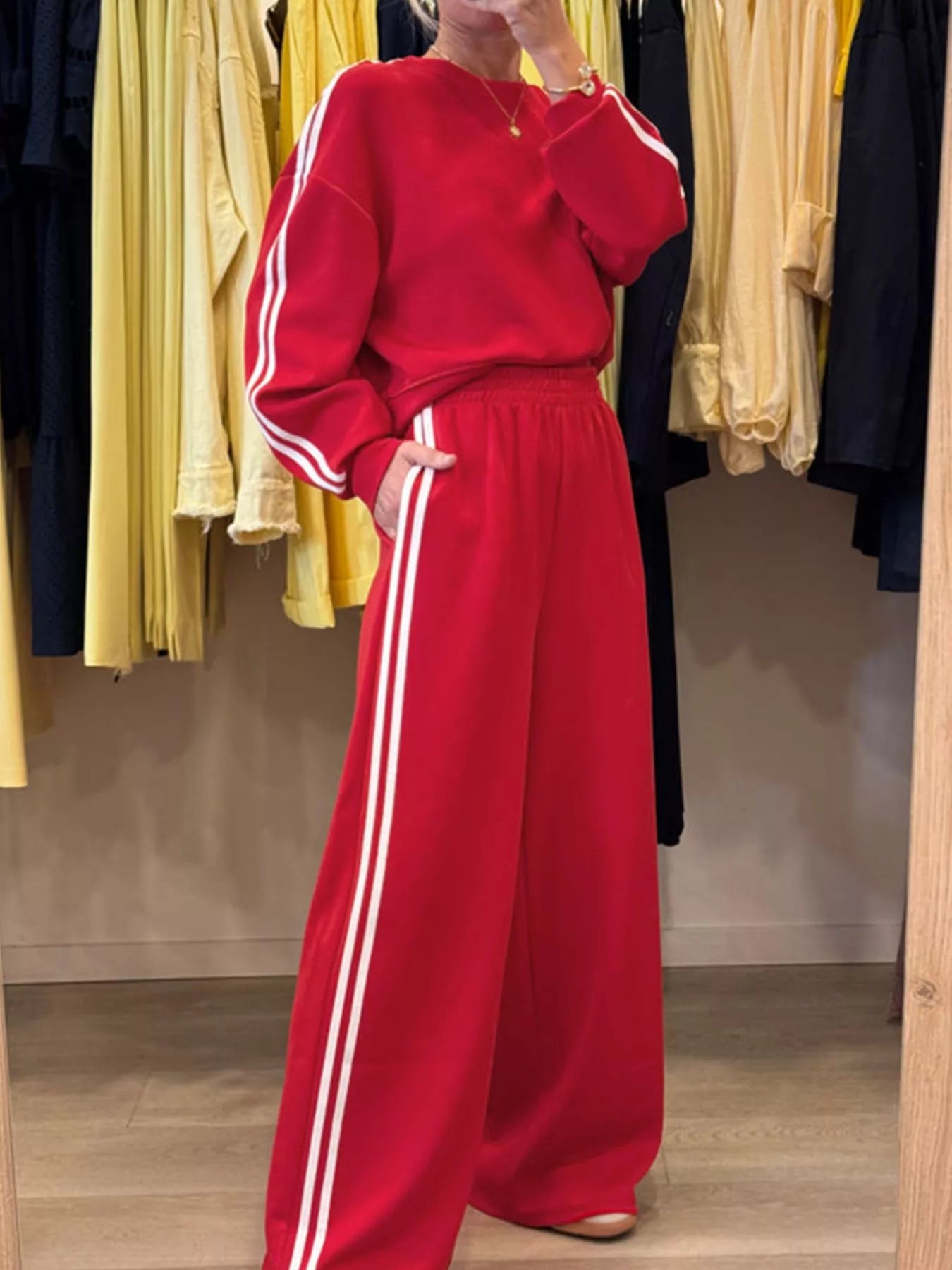 Striped Detail Crewneck Top and Elastic Sweatpants 2pcs Set Trendsi