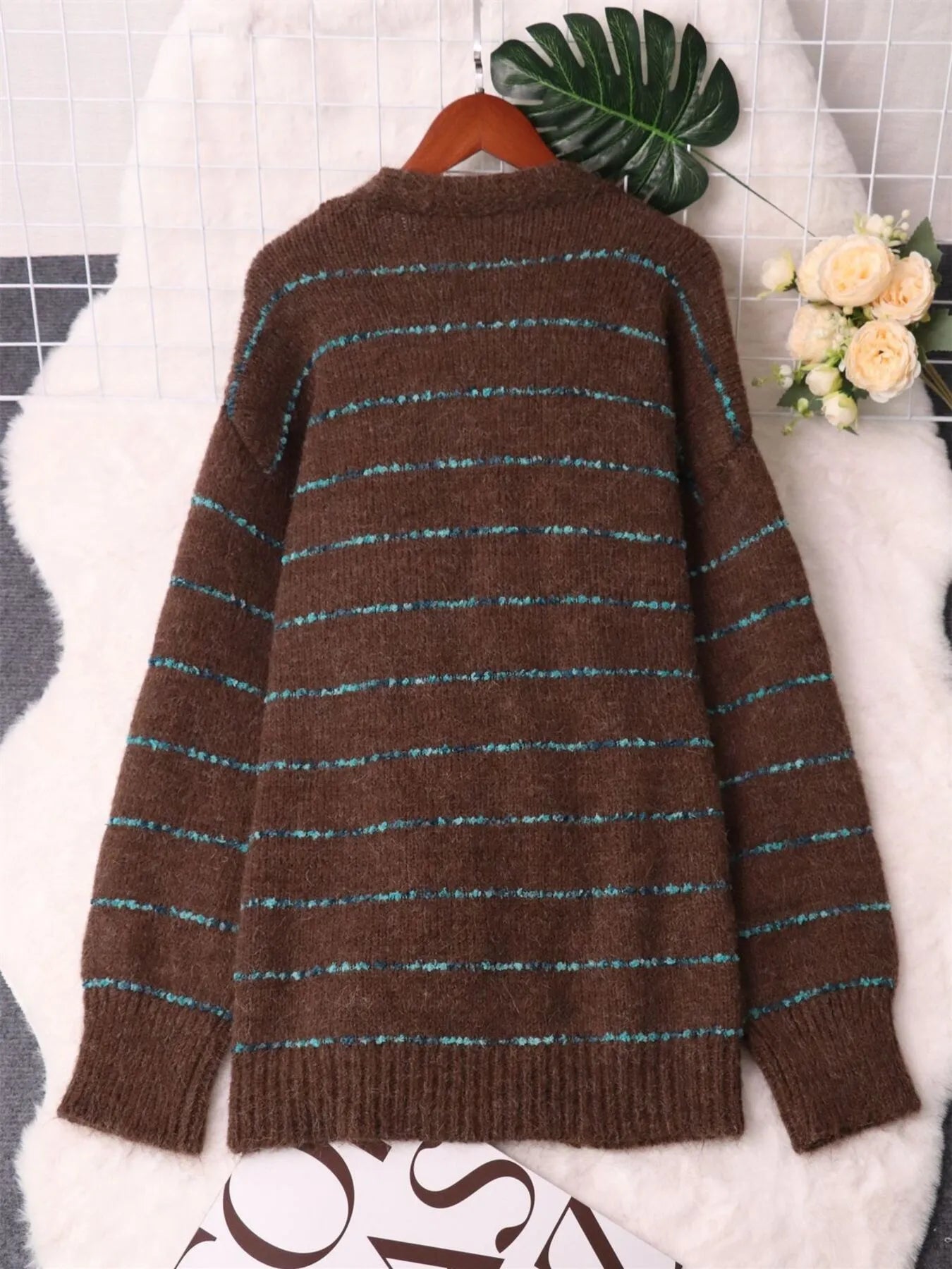 Striped Button-Up Cardigan with V-Neck Design