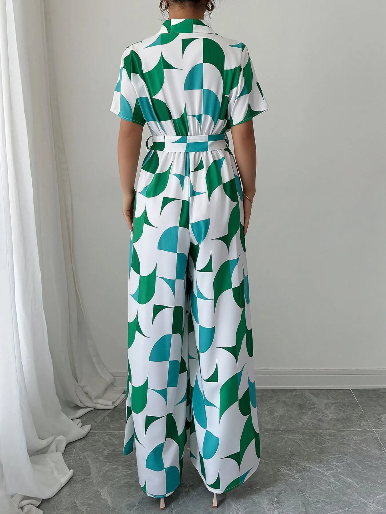 Printed Wide Leg Belted Jumpsuit nicholesgifts