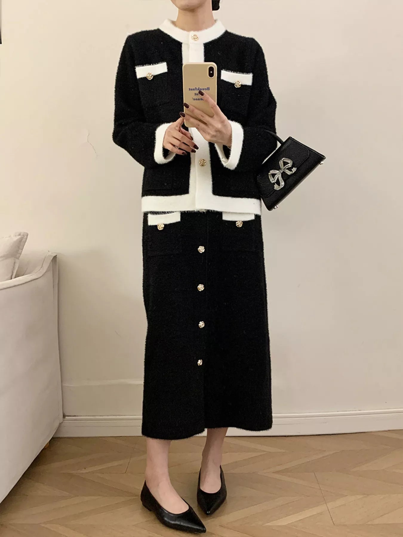 Contrast Trim Jacket and Skirts Sweater Set nicholesgifts