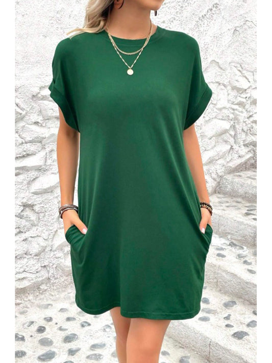 Pocketed Round Neck Short Sleeve Dress nicholesgifts