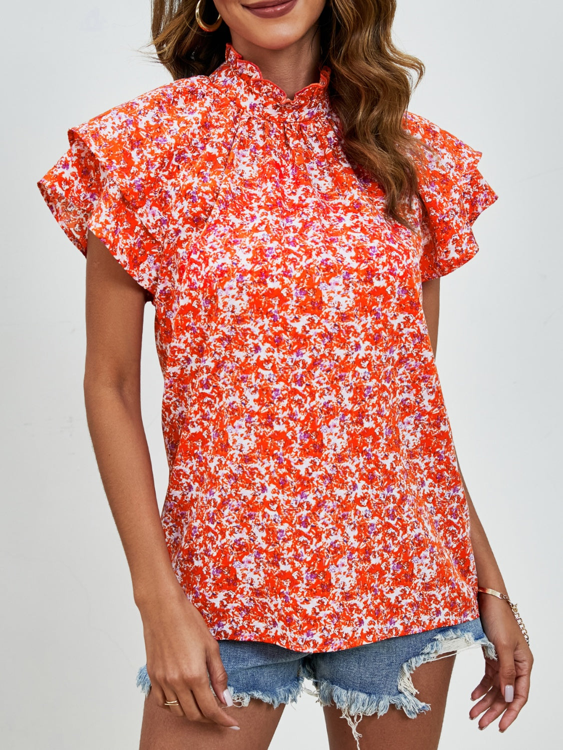 Ditsy Floral Mock Neck Flounce Sleeve Blouse nicholesgifts