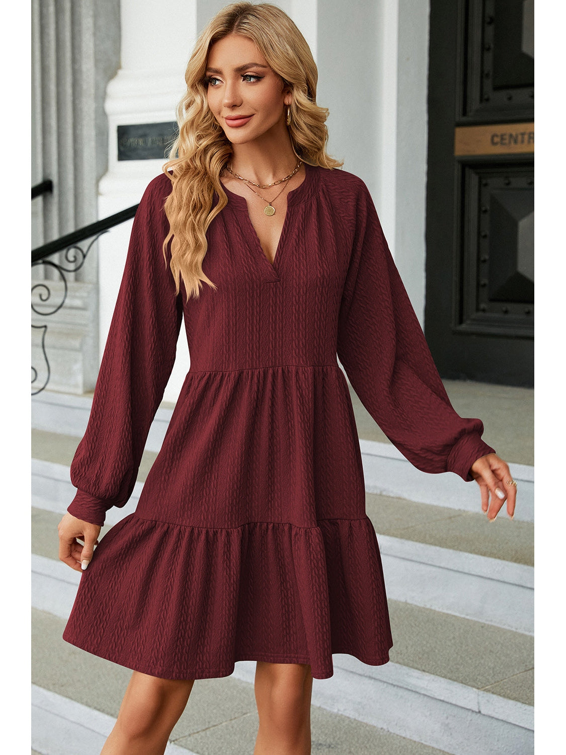 Ruched Notched Long Sleeve Mini Dress nicholesgifts