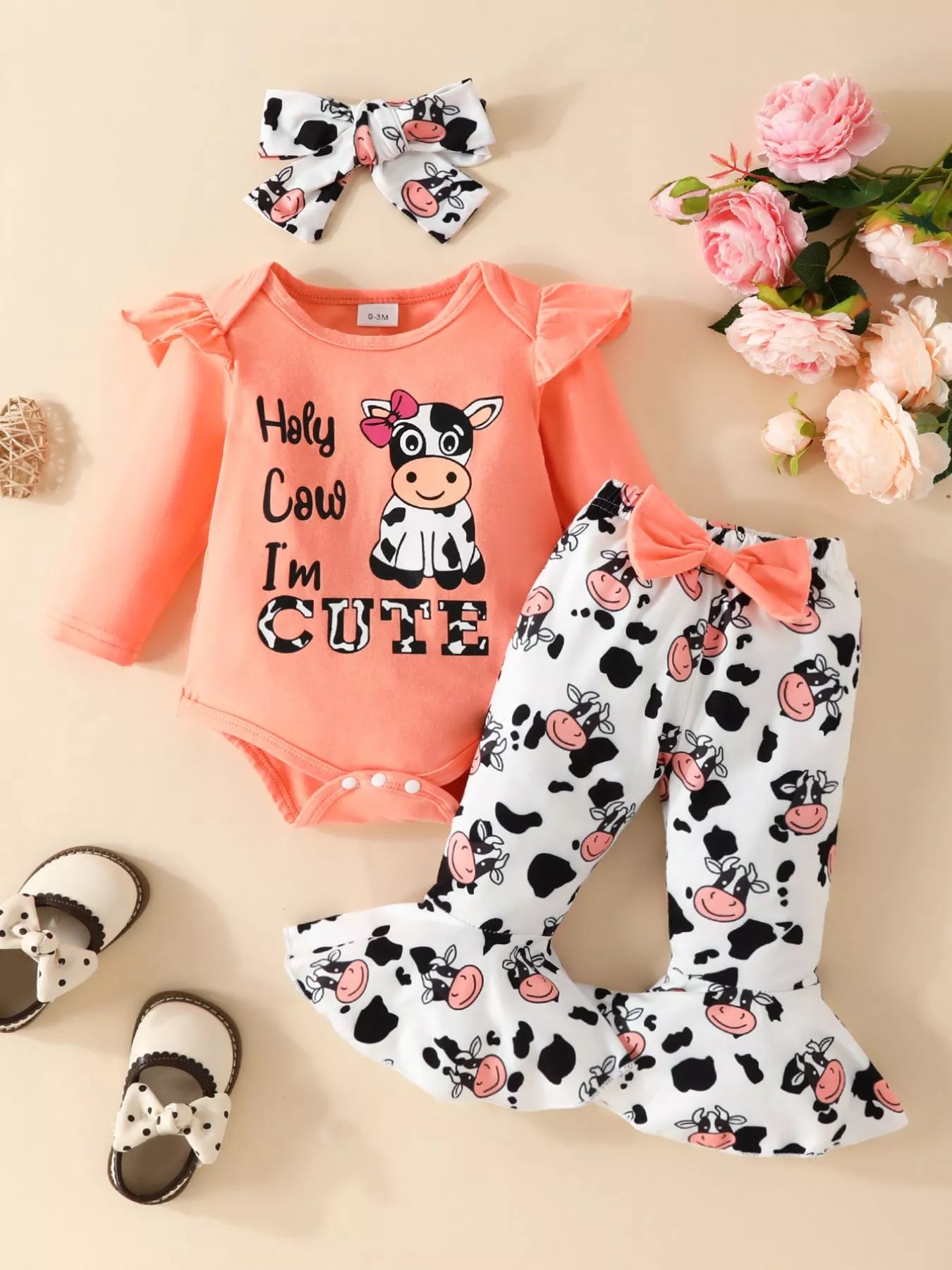 Children's Cow Graphic Ruffle Trim Bodysuit and Pants Set NicholesGifts