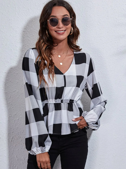 Ruched Printed V-Neck Long Sleeve Blouse nicholesgifts