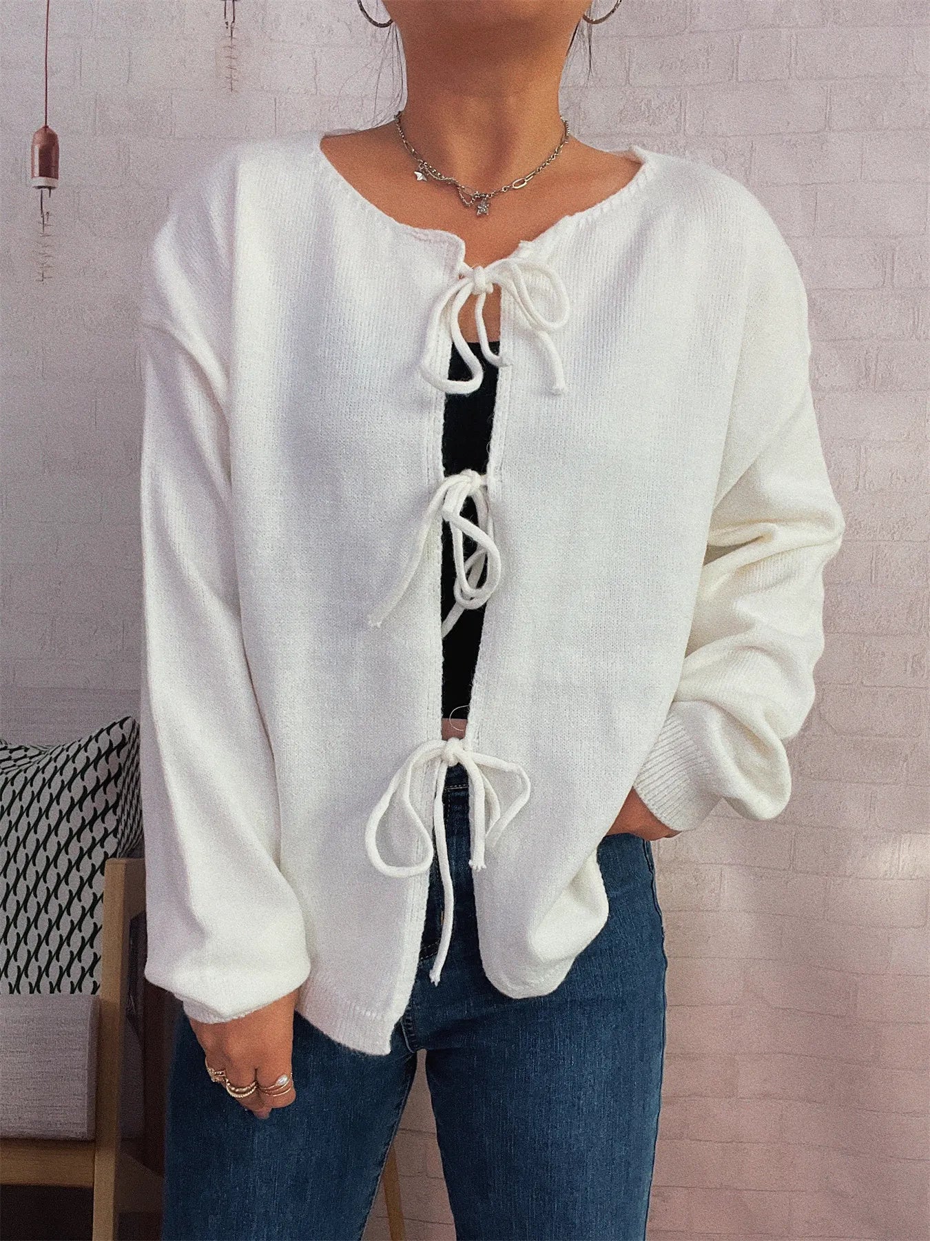Tie Front Drop Shoulder Cardigan Trendsi
