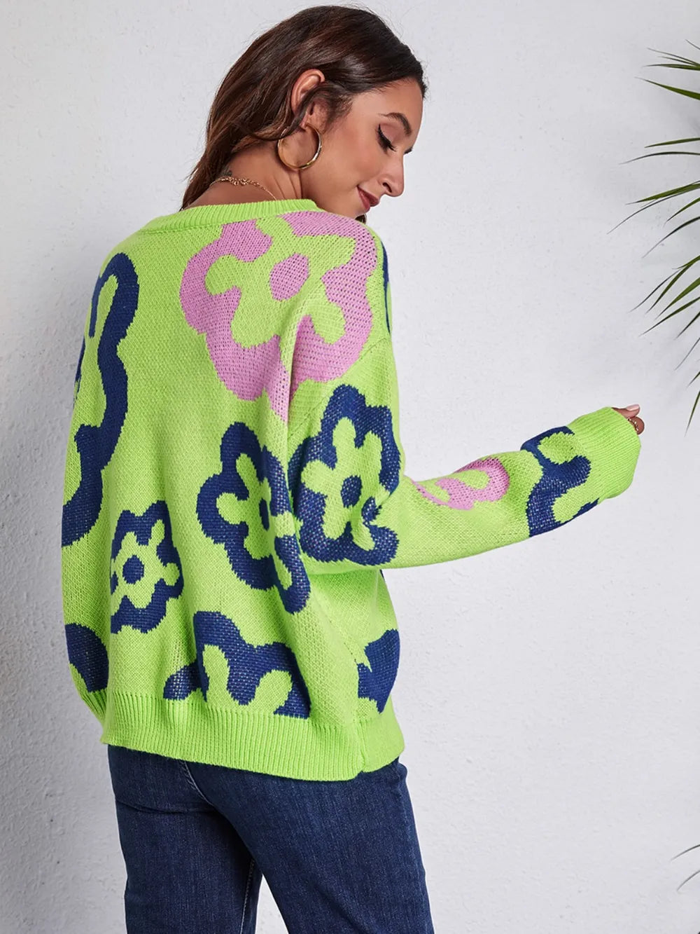 Flower Pattern Round Neck Long Sleeve Sweater Trendsi