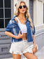 Distressed Raw Hem Button Up Denim Jacket nicholesgifts