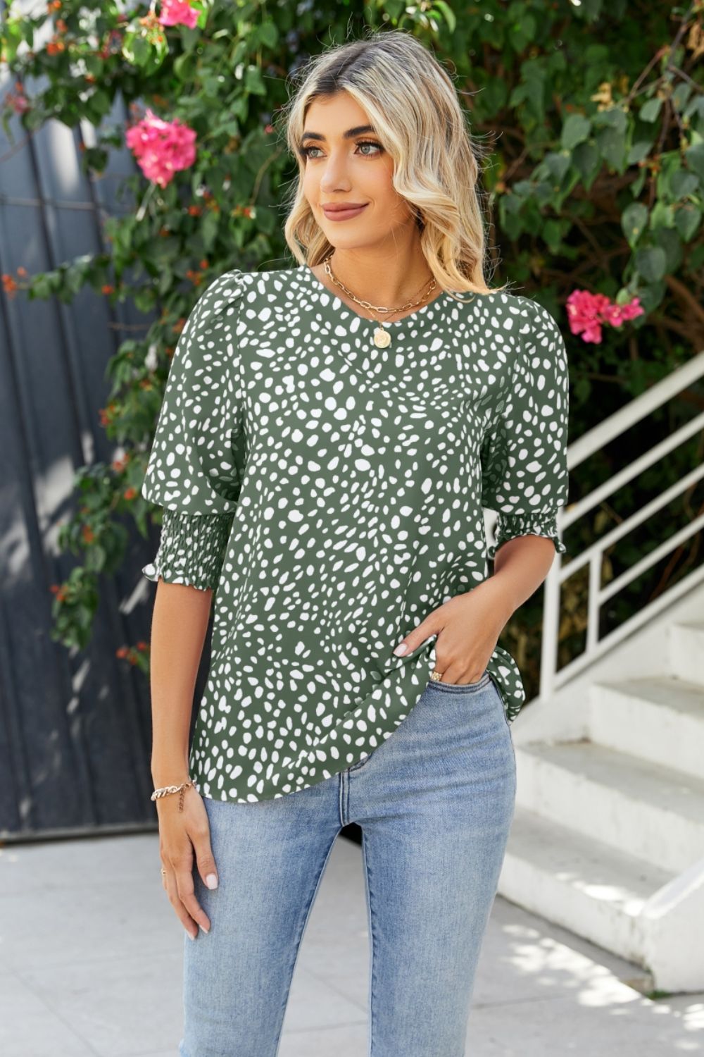 Polka Dot Round Neck Lantern Sleeve Blouse nicholesgifts