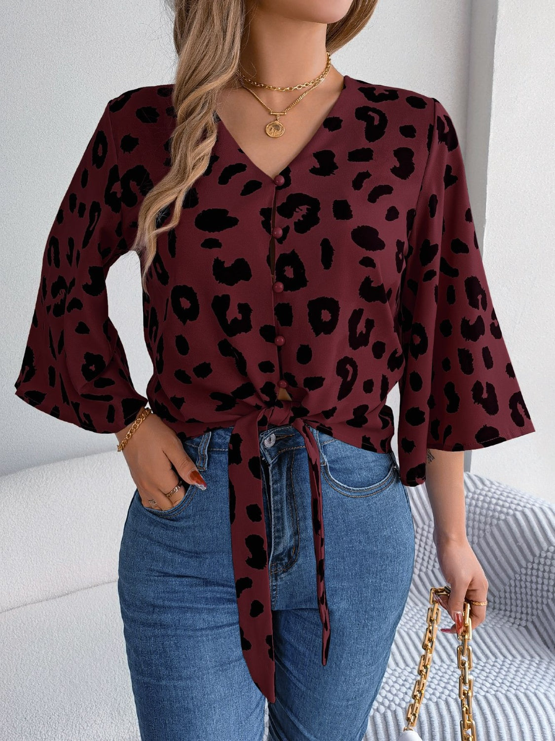 Tied Button Up Leopard V-Neck Blouse nicholesgifts