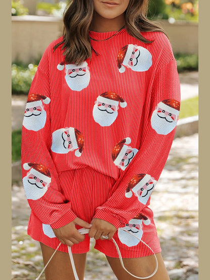 Sequin Santa Round Neck Long Sleeve Top and Shorts Set nicholesgifts