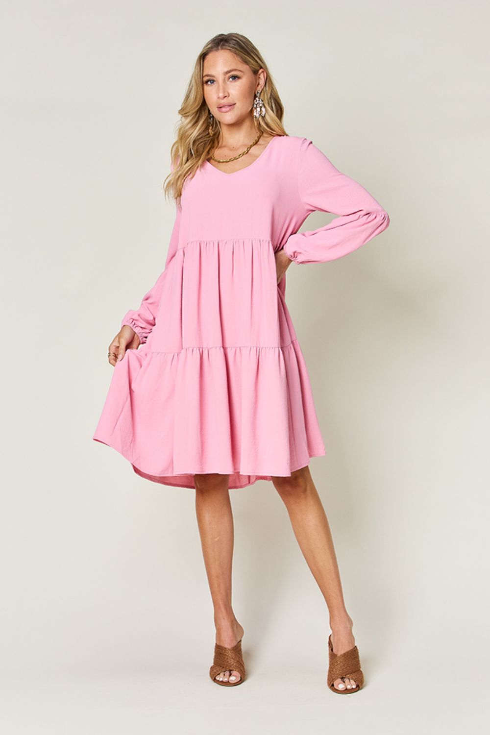 Double Take Full Size V-Neck Balloon Sleeve Tiered Dress nicholesgifts