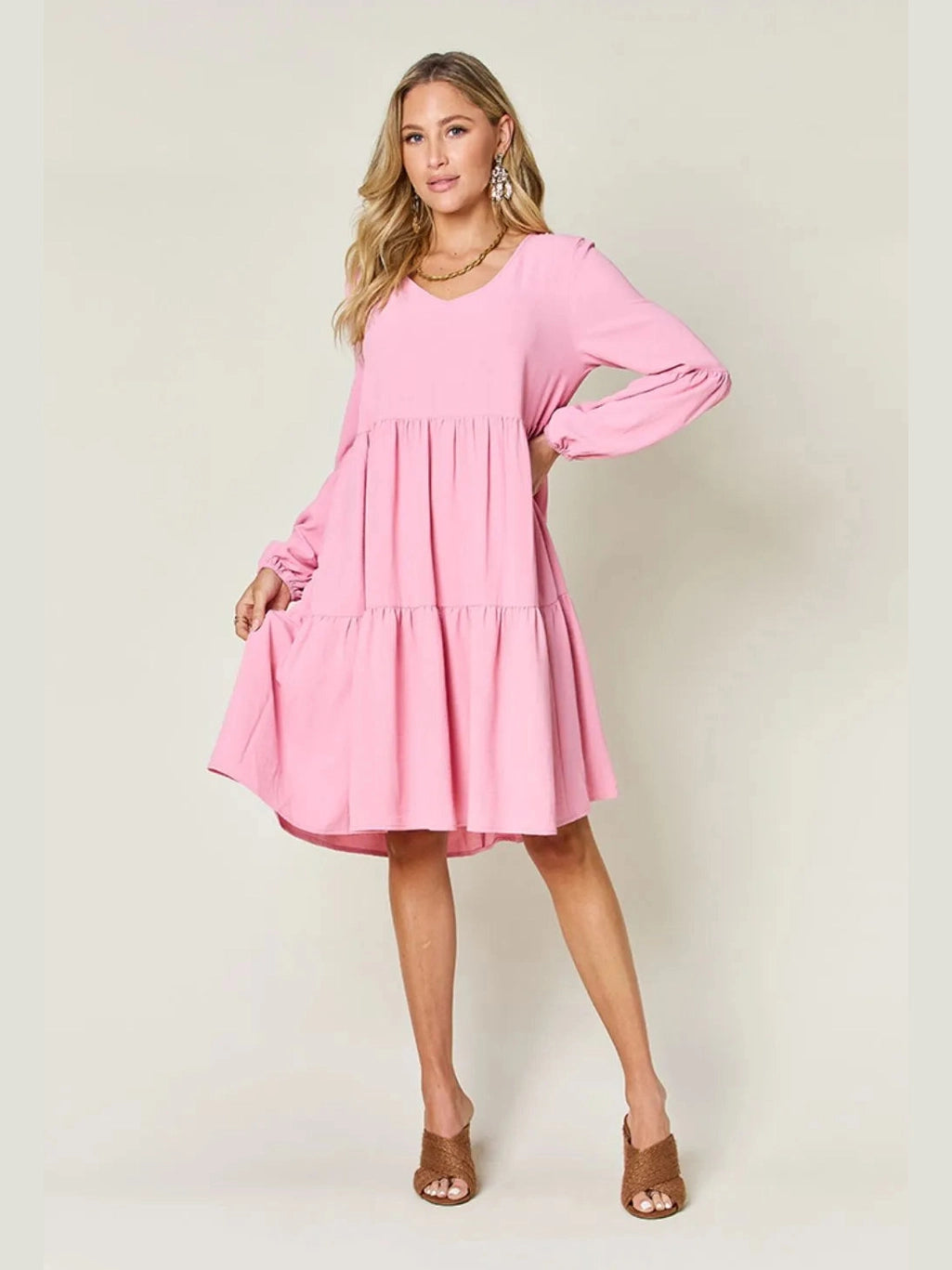 Double Take Full Size V-Neck Balloon Sleeve Tiered Dress with Pockets nicholesgifts