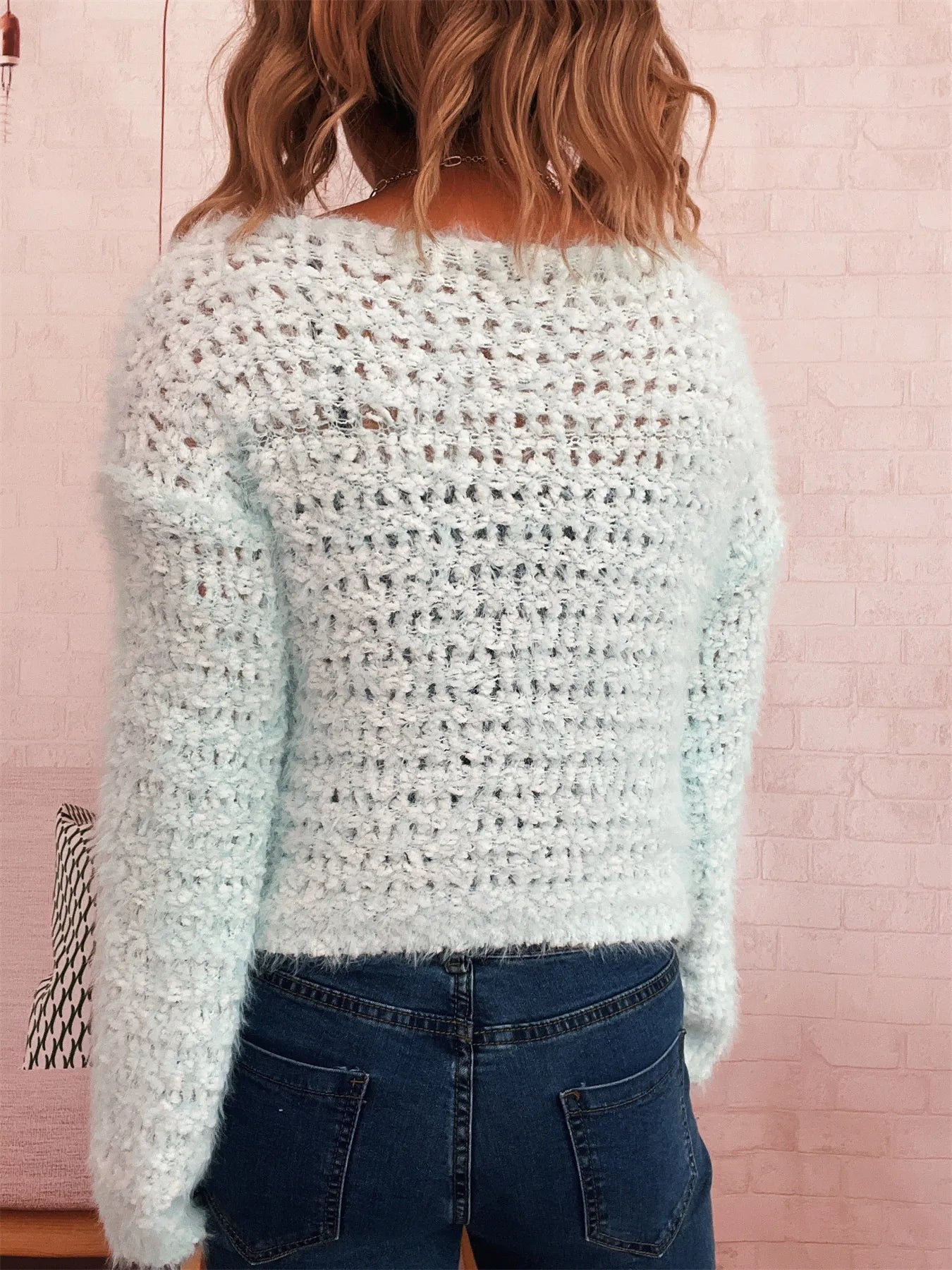 Crochet Round Neck Dropped Shoulder Sweater