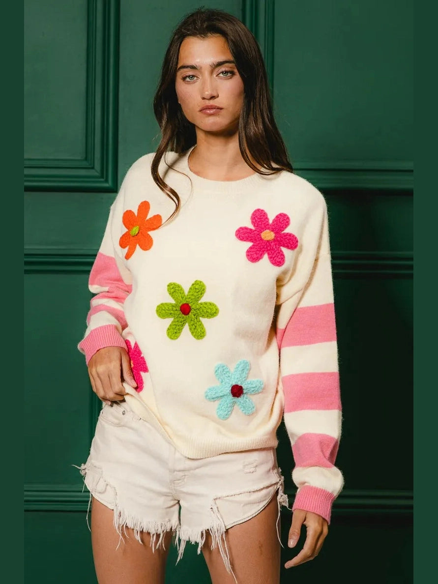BiBi Colorful Floral Patched Sweater with Striped Sleeve Trendsi