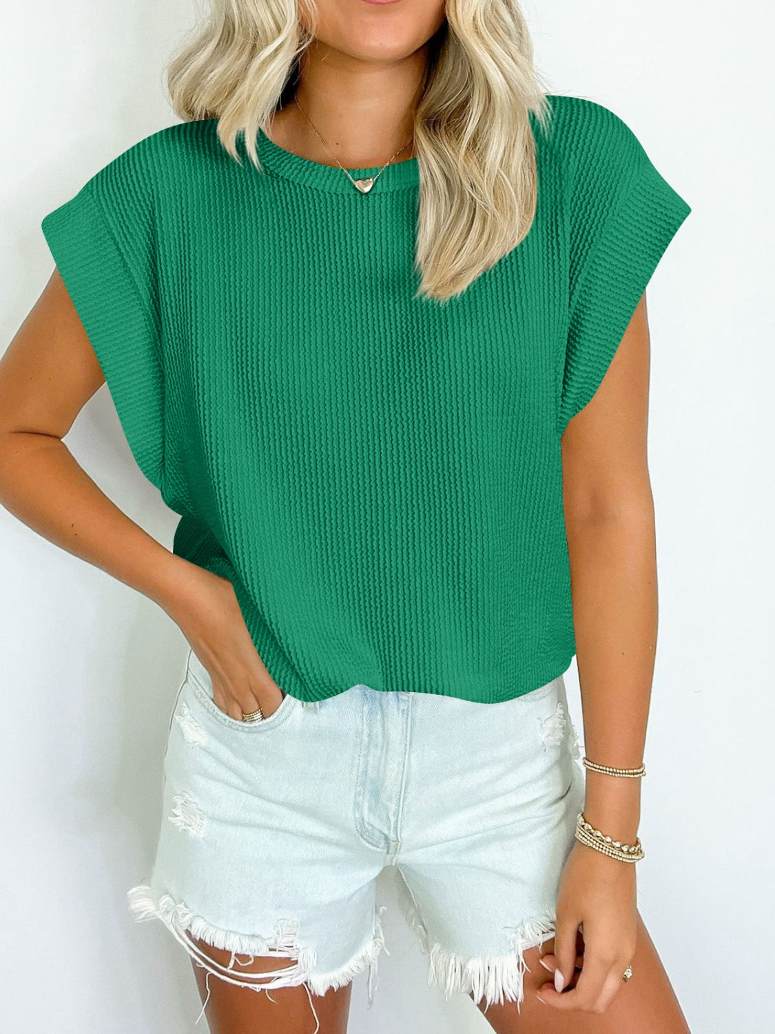 Textured Round Neck Cap Sleeve Blouse nicholesgifts