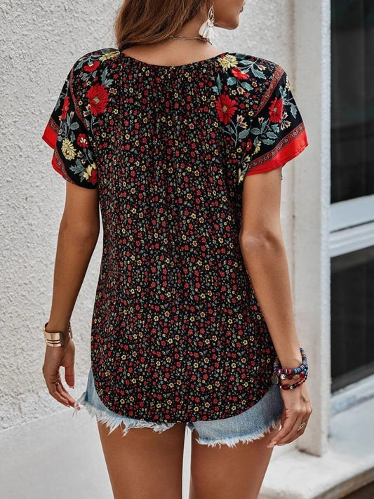 Printed Tie Neck Short Sleeve Blouse NicholesGifts