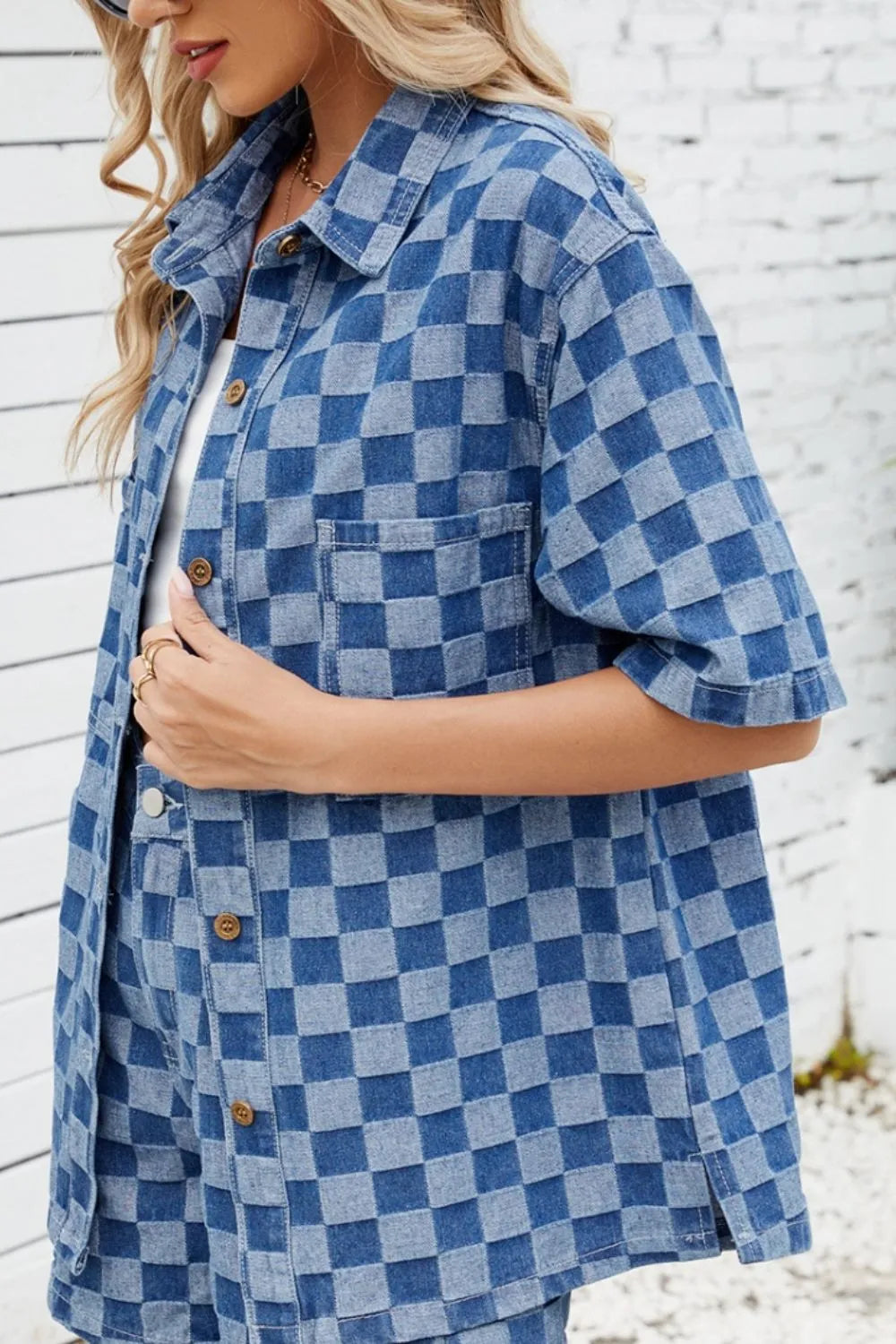 Button Down Checkered Denim Shirt Trendsi