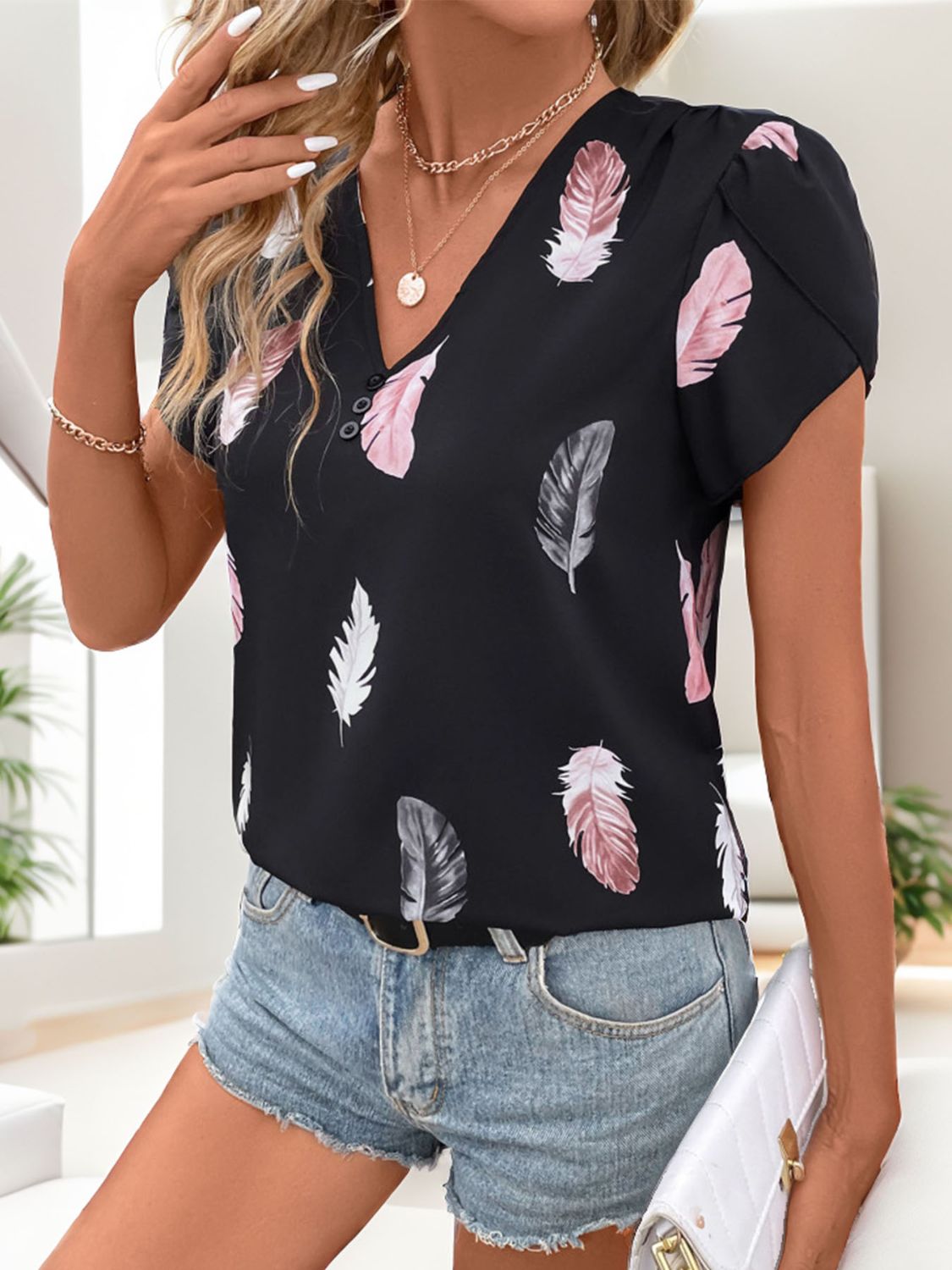 Printed V-Neck Short Sleeve Blouse nicholesgifts