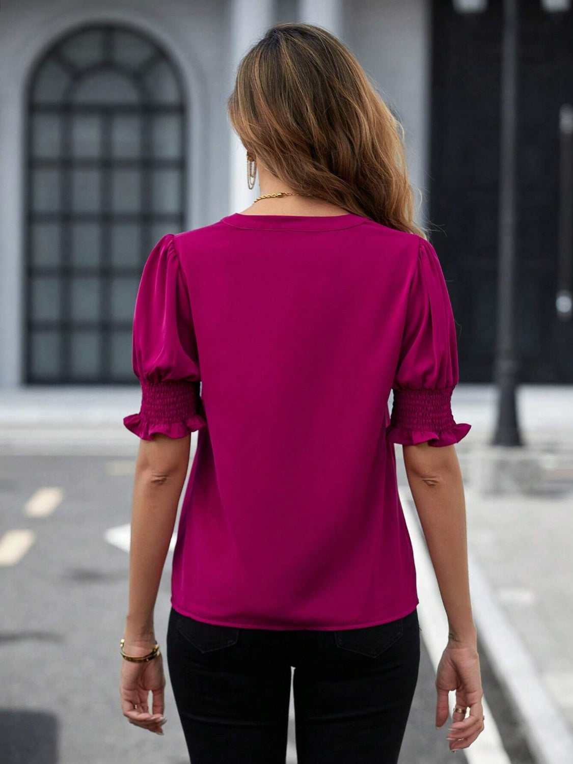 Notched Short Sleeve Blouse nicholesgifts