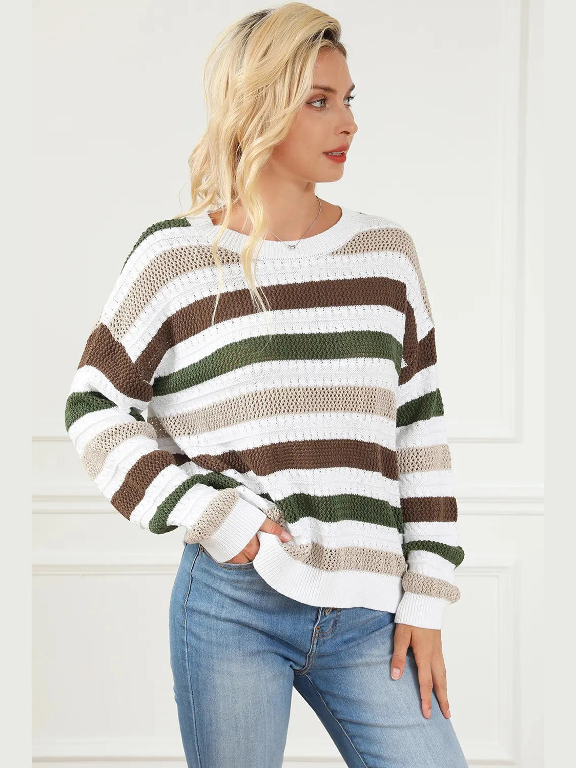 Striped Openwork Dropped Shoulder Sweater Trendsi
