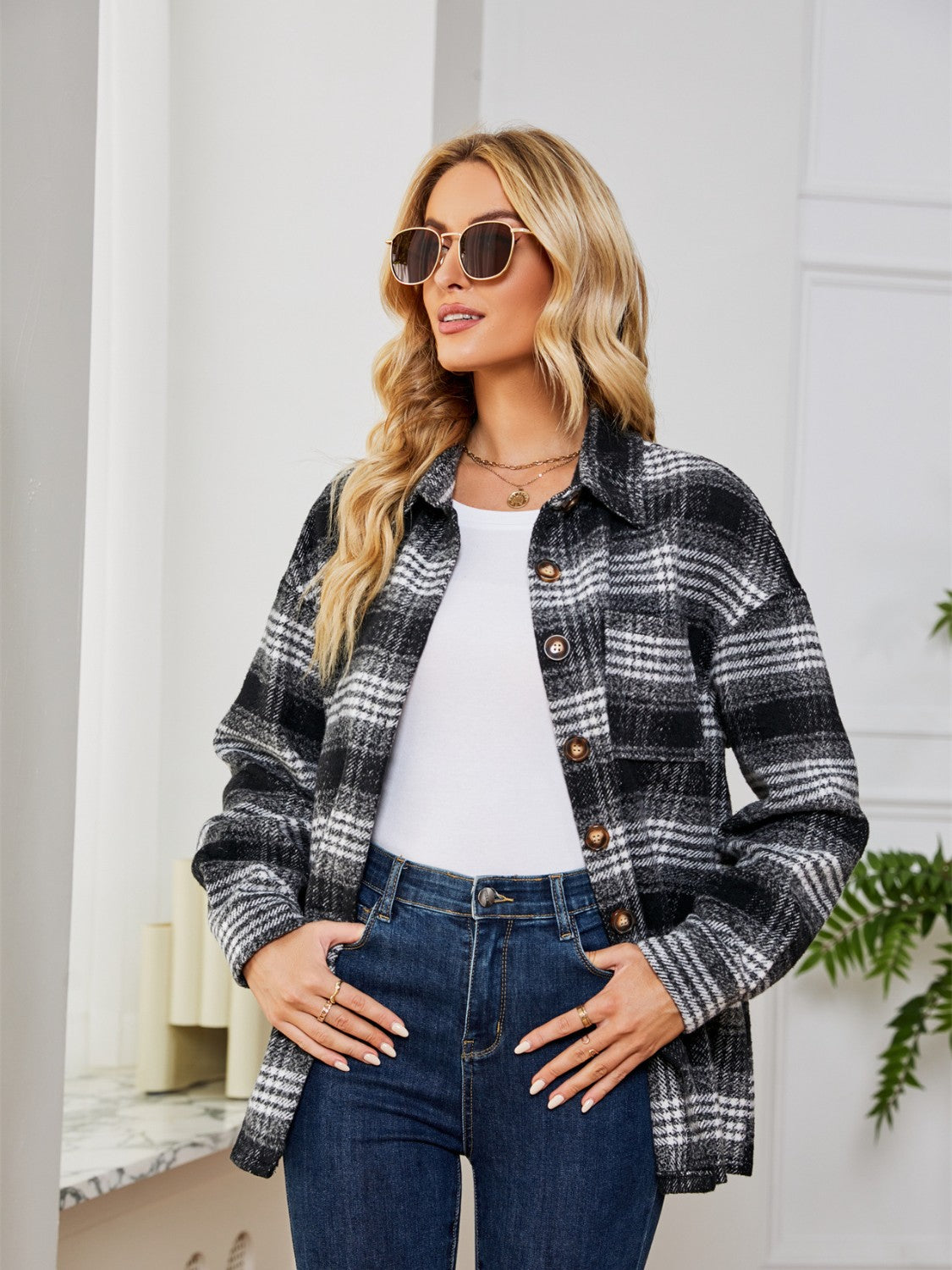 Plaid Collared Shirt Jacket nicholesgifts