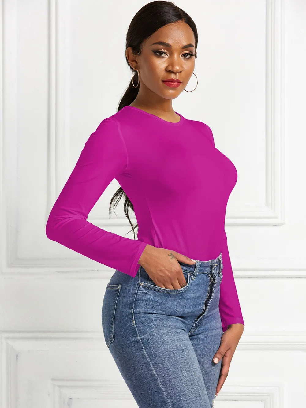 Round Neck Long Sleeve Bodysuit nicholesgifts