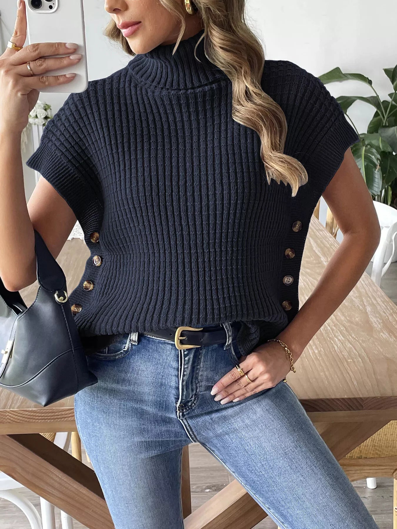 Turtleneck Side Decor Button Sweater Vest nicholesgifts