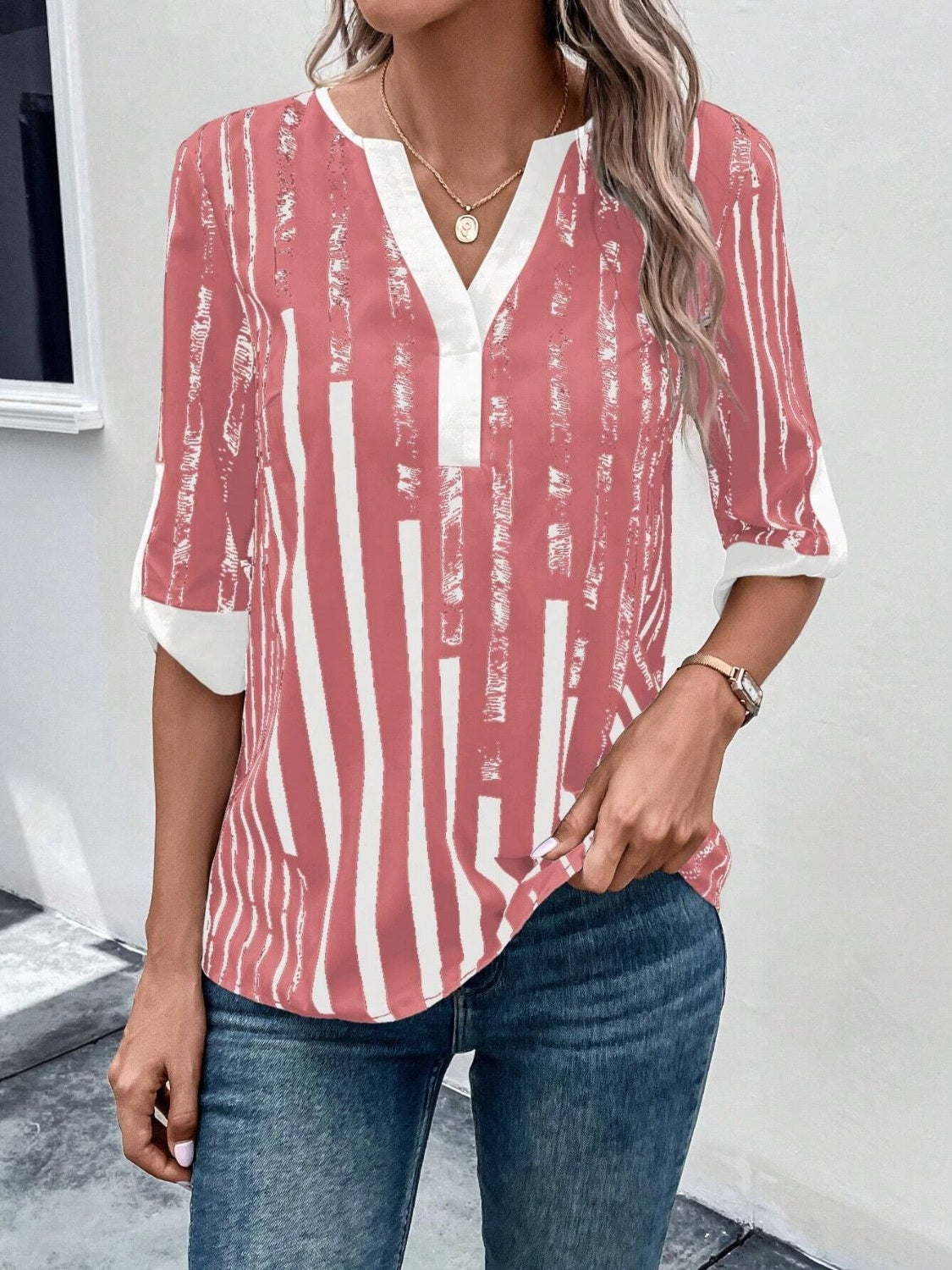 Striped Notched Half Sleeve Blouse nicholesgifts